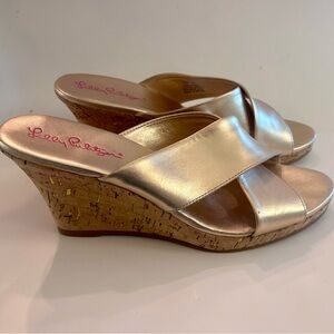 Lilly Pulitzer Womens 7  Sandals Selena Wedge Heels Gold Metallic Leather Slide